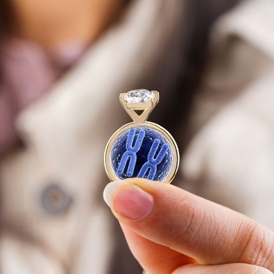 Bride
                        holding up an engagement ring with two
                        chromesomes displayed