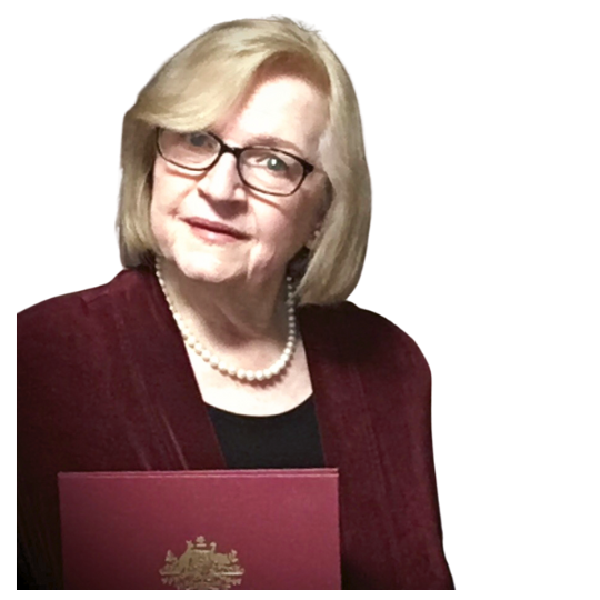 Jennifer Cram Brisbane Marriage Celebrant
                      holding the Marriage Register with the Ausgtralian
                      Coat of Arms embossed in gold visible