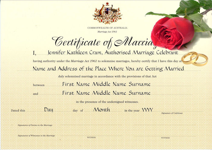 The Marriage Certificate presented to
                        marrying couples by the authorised celebrant,
                        with a red rose and gold rings