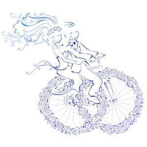 Line drawing of bride
                        and groom on a floral tandem bicycle