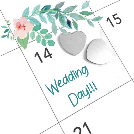 Calendar with Wedding Date marked on the
                    14th plus two silver hearts and a spray of
                    watercolour flowers