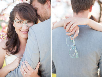 Bride wearing blue glasses with groom
                      wearing a pale blue suit