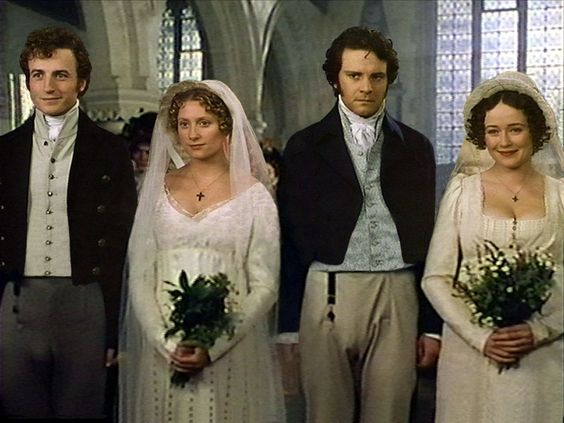 The Darcys and the
                        Bingleys standing at the altar for their double
                        wedding in the movie Pride and Prejudice