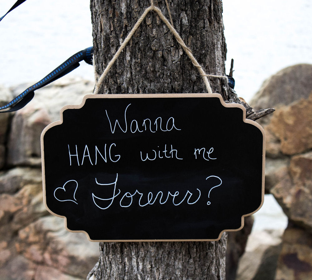 Chalkboard with "Wanna hang with me
                        forever" written on it, hanging on a tree.