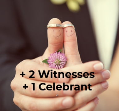 Couple giving thumbs
                          up with wedding rings on their thumbs and the
                          words + 2 Witnesses + 1 celebrant