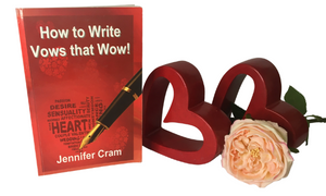 A copy of Vows
                      that WOW by Jennifer Cram with two red hearts and
                      a full blown apricot rose